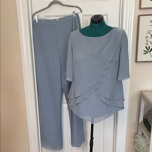 JJs House Dusty Blue Straight-Leg Pants with Layered Blouse Pantsuit 16